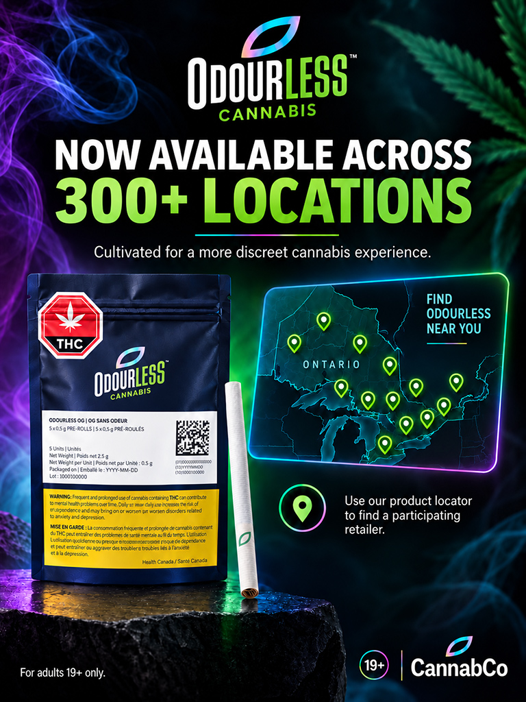 Odourless OG pouch and pre-roll packaging. Product highlights: low-odour strain, no additives, de-stemmed, individually sealed for freshness.