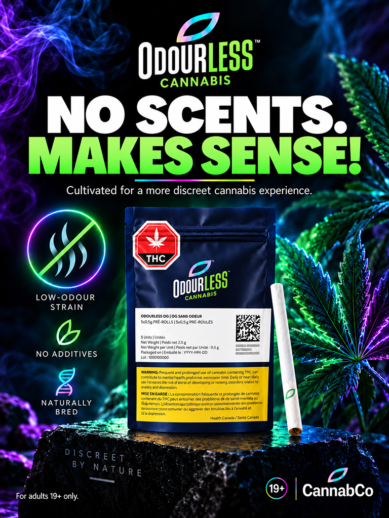 Odourless Cannabis No Scents, Makes Sense product artwork featuring the Odourless OG pouch and pre-roll.
