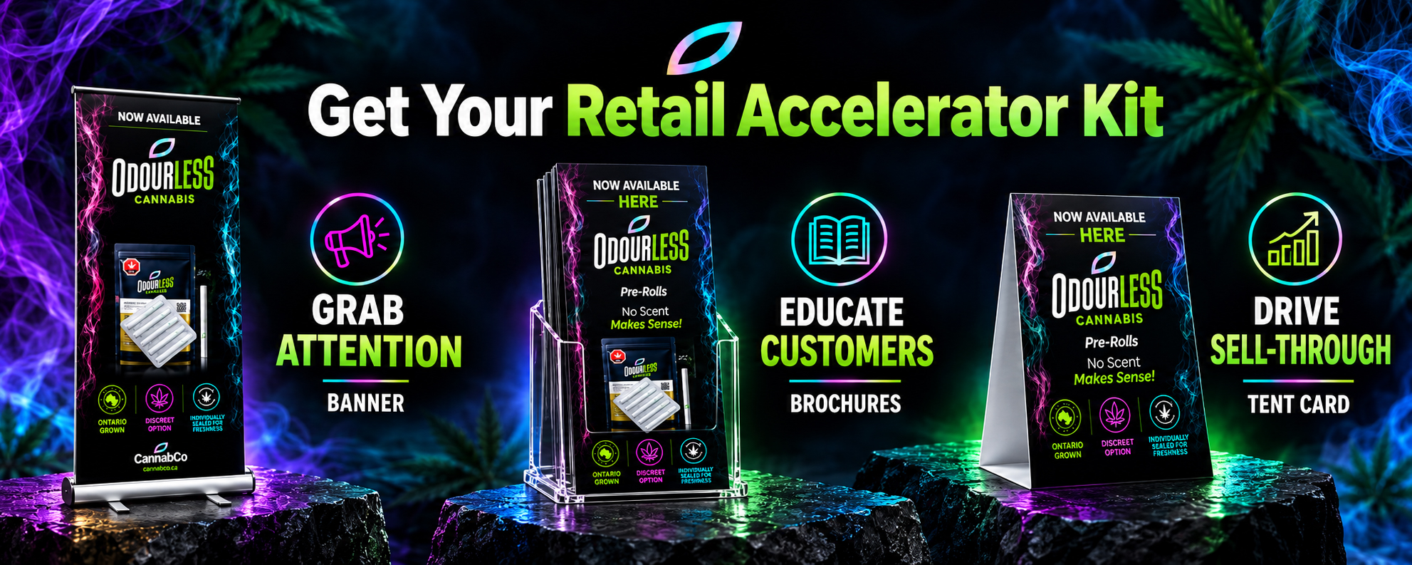 Retail Accelerator Kit: roll-up banner, customer brochures, and tent card.